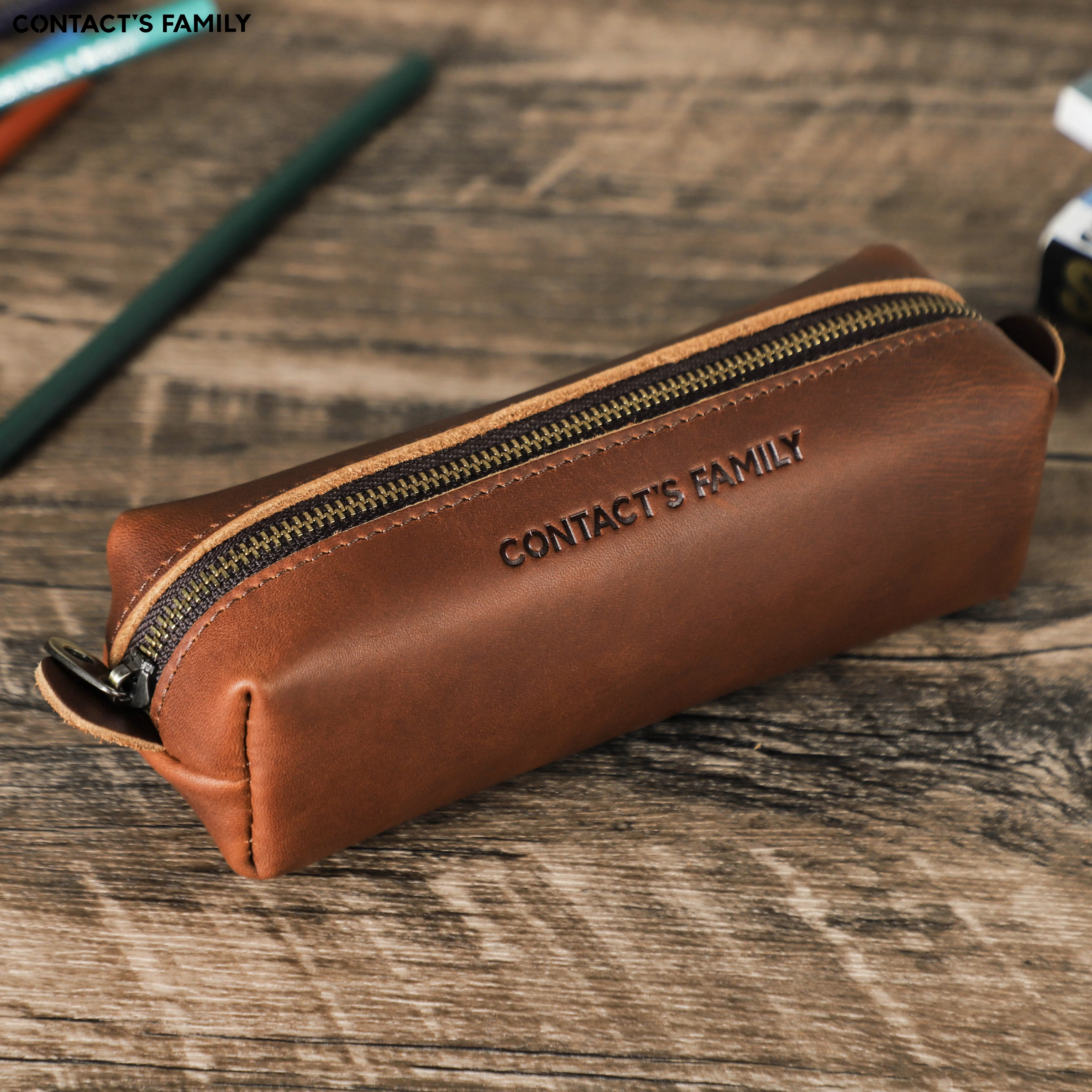 Handmade Genuine Leather Pencil Bag Vintage Retro Style Cowhide Zipper Pen Case School Bag Office Stationery for Boys Girls