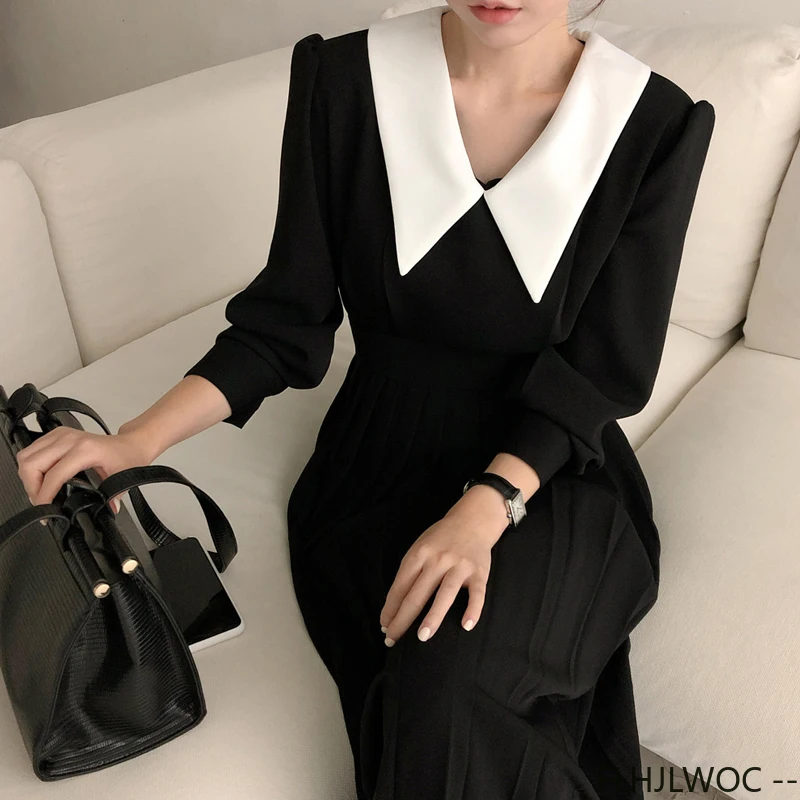 French Design Elegant Black Dresses Hot Sales New Women Short Sleeve Bow Tie Lace-Up White Collar Pleated Dress