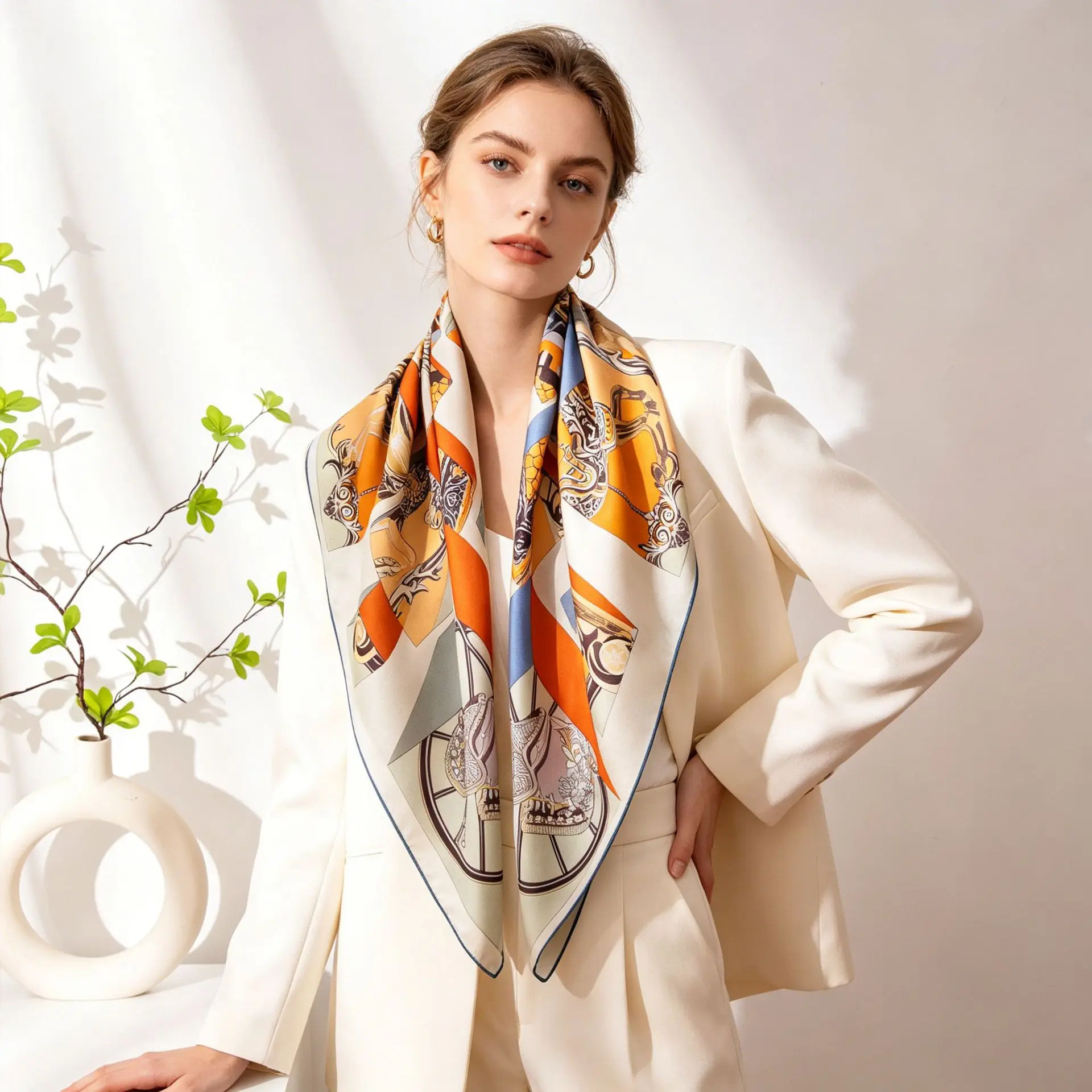 Light luxury high-end handmade double-sided printed silk square scarf shawl gift box