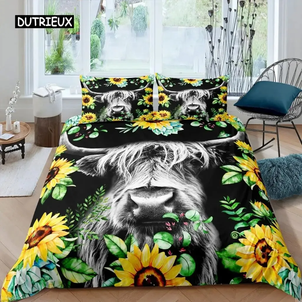 Highland Cow Duvet Cover King Sunflower Black Cattle Bedding Set Microfiber Farm Animal Cow Western Farmhouse Cattle Quilt Cover