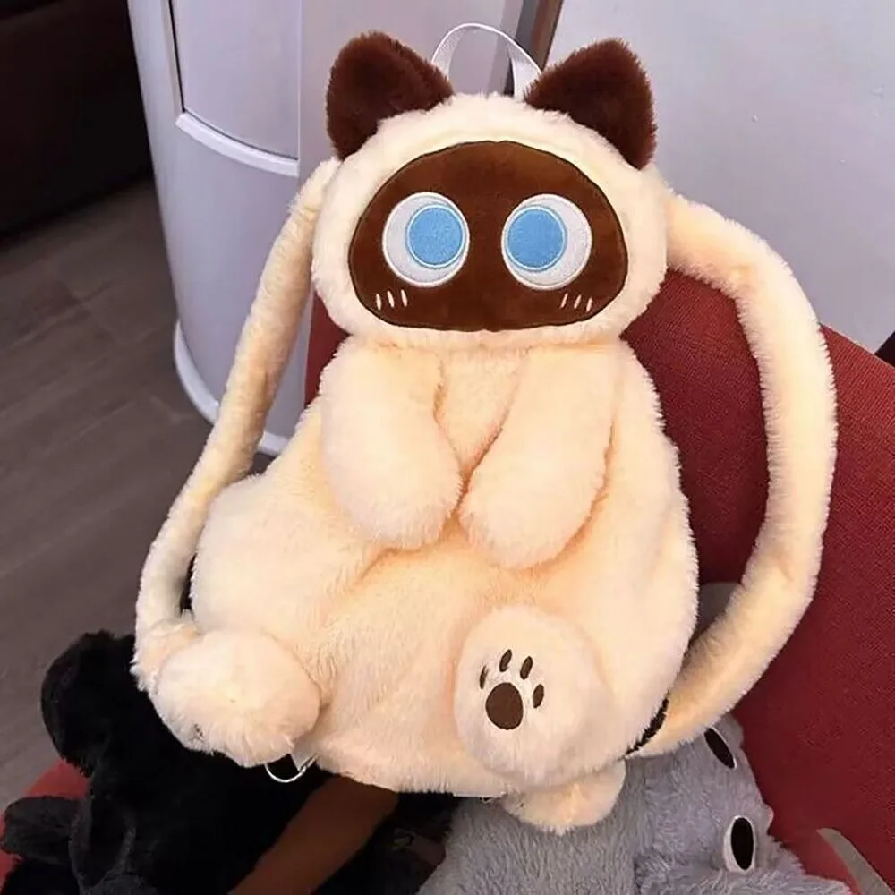 Soft Toy Big Eyes Cat Toy Plush Backpack Large-capacity Zipper Shoulders Bag Cute Detachable Hook Bucket Bag Women