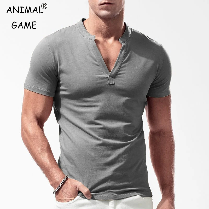 New Men\'s Crew Neck Slim Fit Cotton Short Sleeve Large Sweatwear Casual Tshirt Jogger summer Mens Basic Solid Color V-neck Top