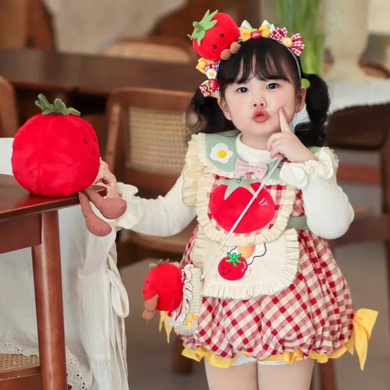 Cottagecore Kids Lolita Dress Red Plaid Tomato Fried Egg Embroidery Apron Puff Sleeve Bubble Skirt Girls Daily Birthday Costume