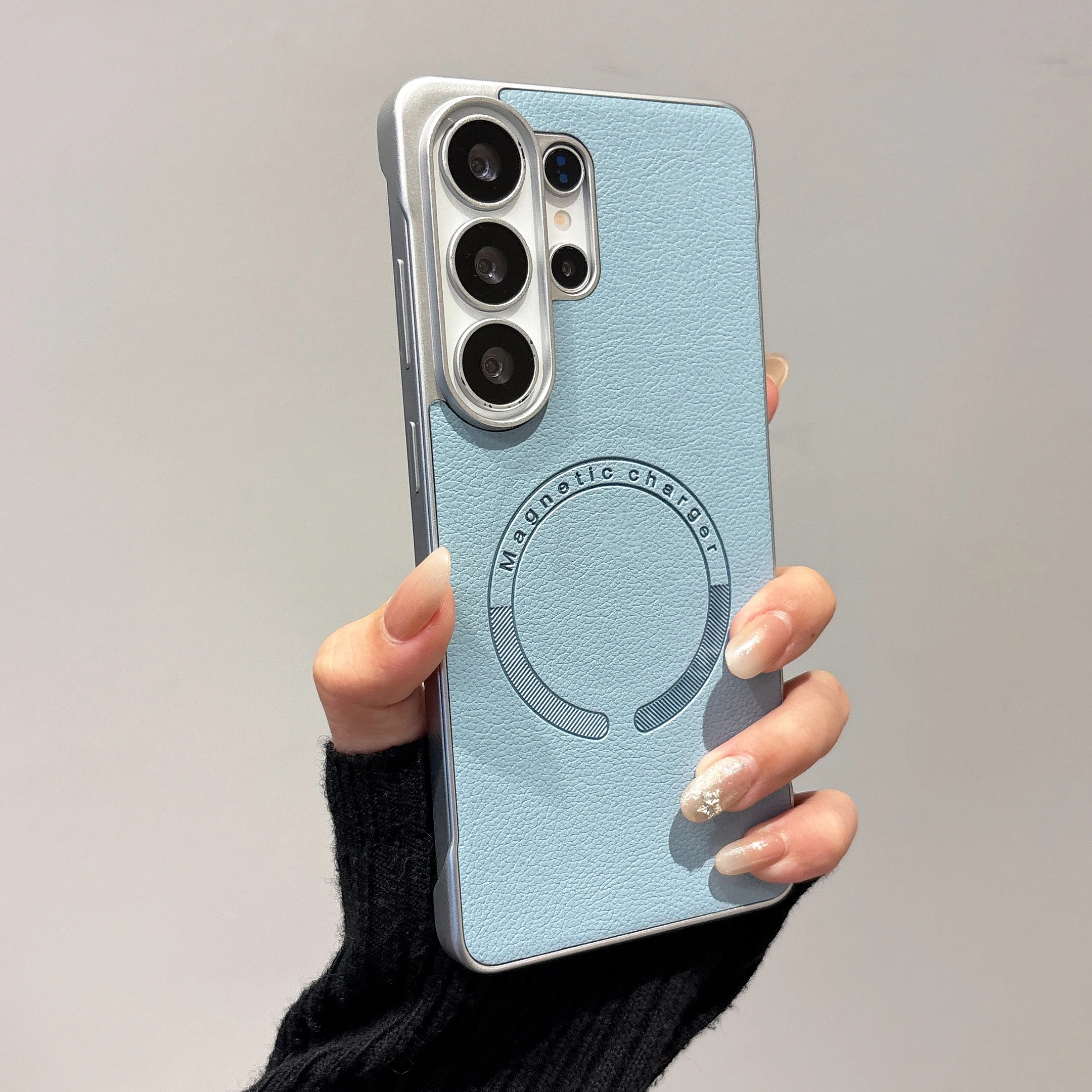 For Samsung Galaxy S26 Ultra Case Magnetic Light Half Package Leather Texture Wireless Charging Camera Lens Protection Cover