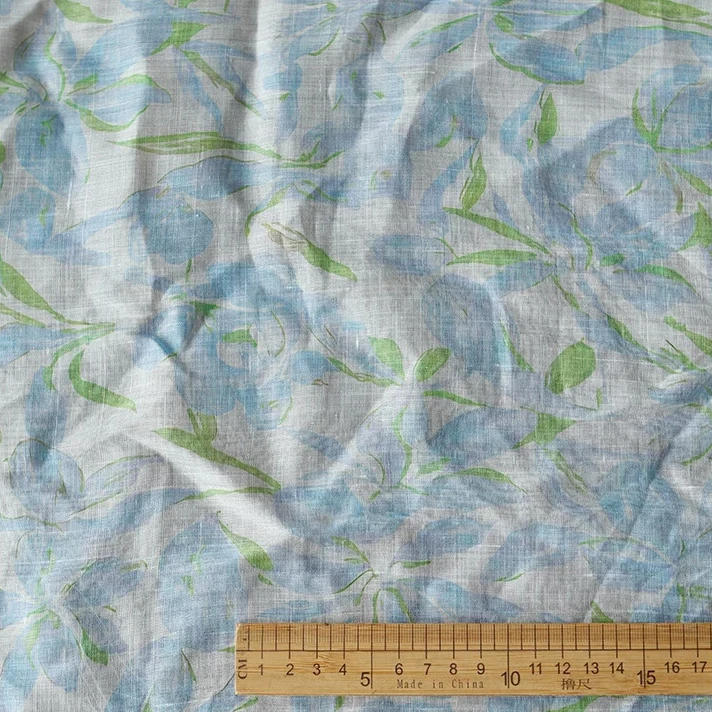 1yard Natural Ramie fabric lightweight and breathable Blue flower print tela dress cheongsam shirt diy fabric for clothing