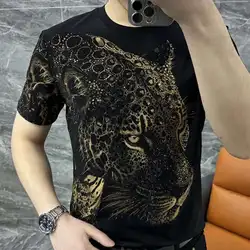 Trend Fashion American Casual Short Sleeve Bottom Summer Top Men Fashion Short Sleeve T-shirt Leopard Head Print Hot Diamond