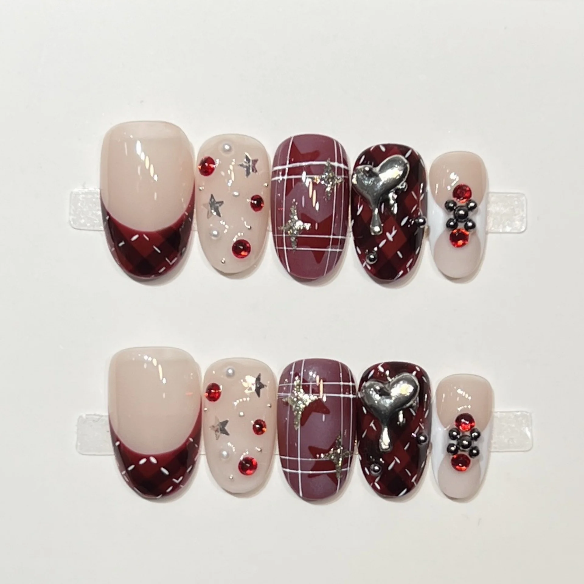 

10 шт. красные короткие овальные наборы ногтей ручной работы со стразами и звездами, накладные ногти, французский миндаль, накладные ногти, готовое искусство