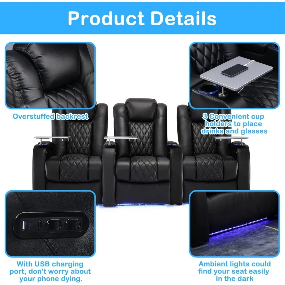 Heimkino-Sitzgelegenheit, Liegestuhl aus genarbtem Leder, Dual Power Movie Gaming-Sofa, elektrische Kopfstütze mit Tablett, Tisch, Typ C, USB