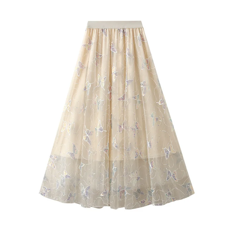 New In 2025 Women's Spring Summer Sequin Butterfly Tulle High Waist A-line Elegant Sweet Midi Long Skirts