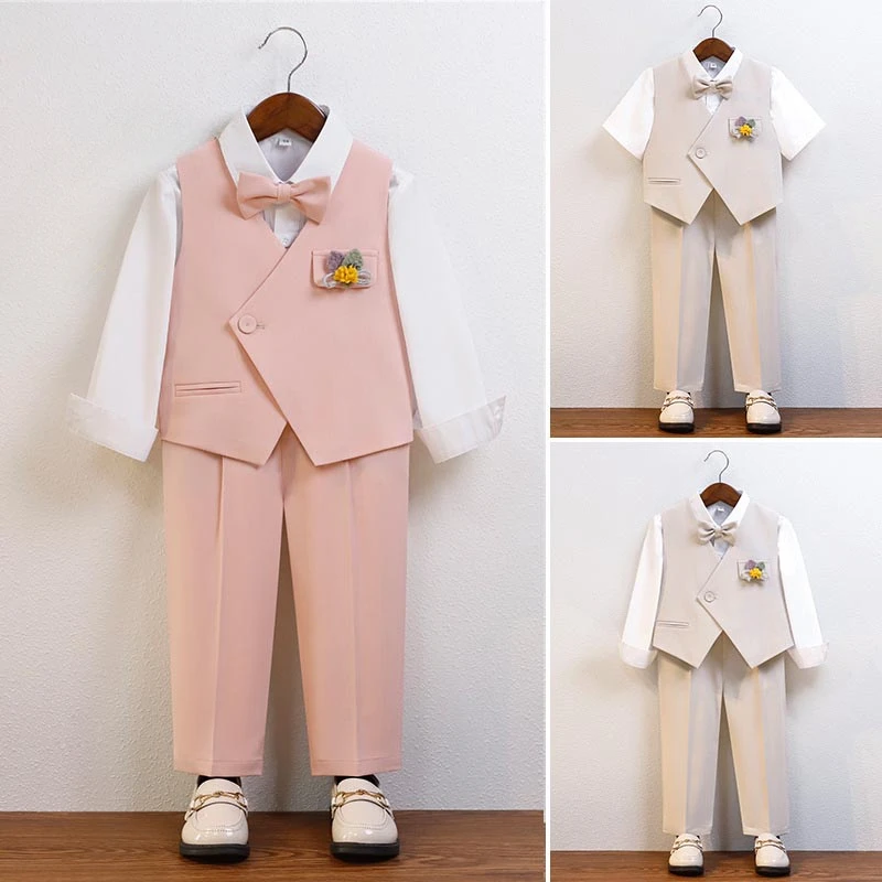 

Suit for Boys 2024 New Kids Vest Blazer Set Summer Gentleman Flower Child Wedding Costume England Host Piano Performance Outfits