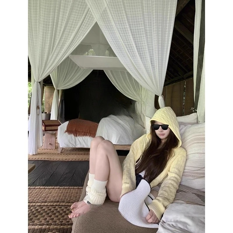 

Желтый свитер с капюшоном, нежный темперамент, модный женский вязаный топ на молнии, красивая элегантность