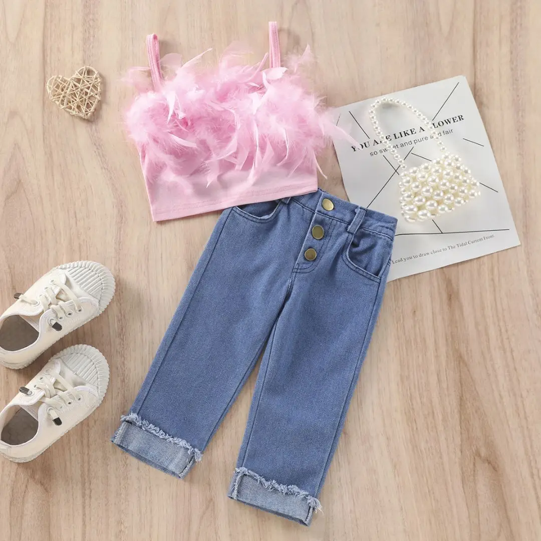 1-6years Baby Girls Denim Casual Outfit Sets Sleeveless  Top + Denim Pants Suits Girls