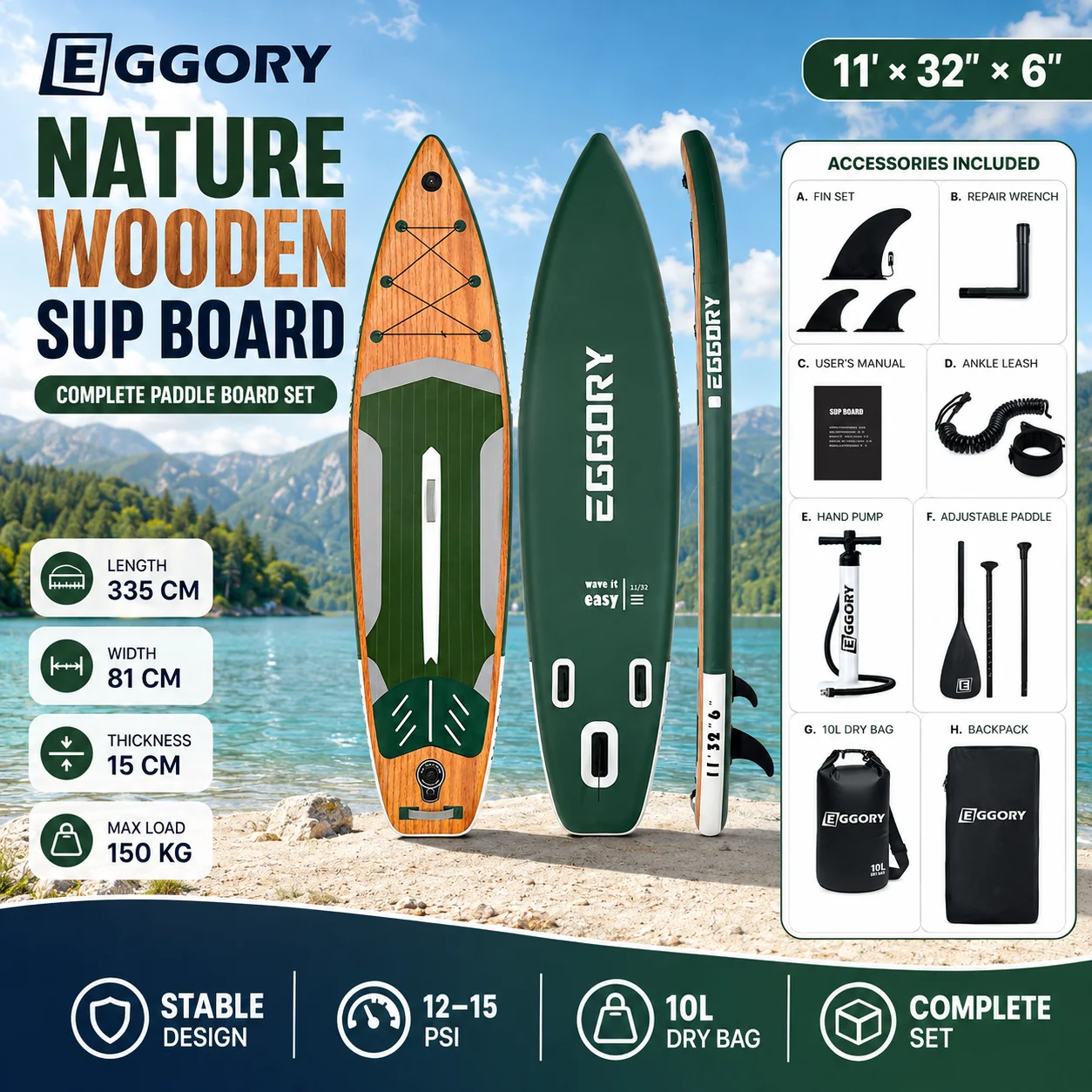 Eggory 335X81X15Cm aufblasbares Stand-Up-Paddleboard aus Naturholz, 150 kg Tragkraft für Erwachsene, mit verstellbarem Paddel, 3 Flossen, Knöchelriemen, Handpumpe, 10L wasserdichter Tasche, Rucksack,