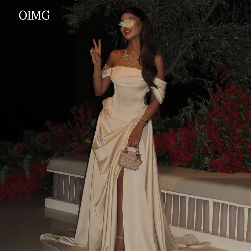 

OIMG Champagne Off The Shoulder A Line Prom Gowns Backless Sequined Party Gown Side Slit Floor Length Evening Dress Customized