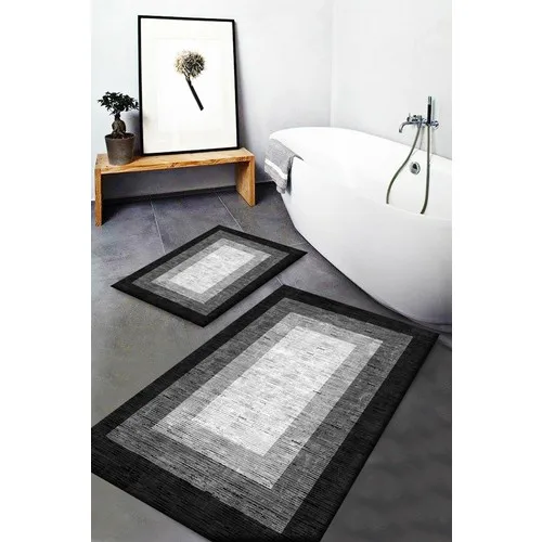 Else Carpet Else Gray Black White Boxed Pattern Washable Non-Slip Bath Mat 2li Toilet Seat Pad Mat Dts-3