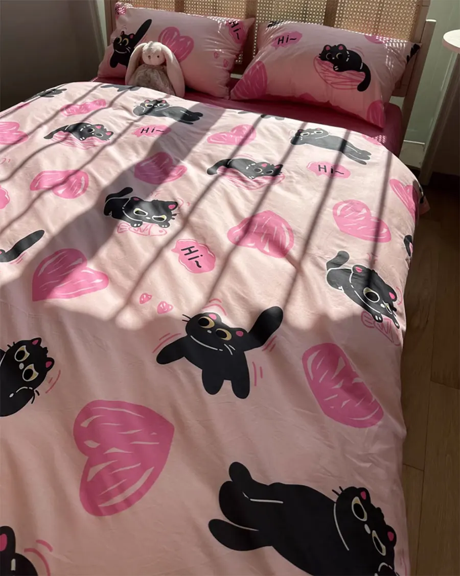 Fashion cute cartoon cat heart pink bedding set teen,twin full queen king cotton home textile bed sheet pillow case quilt cover