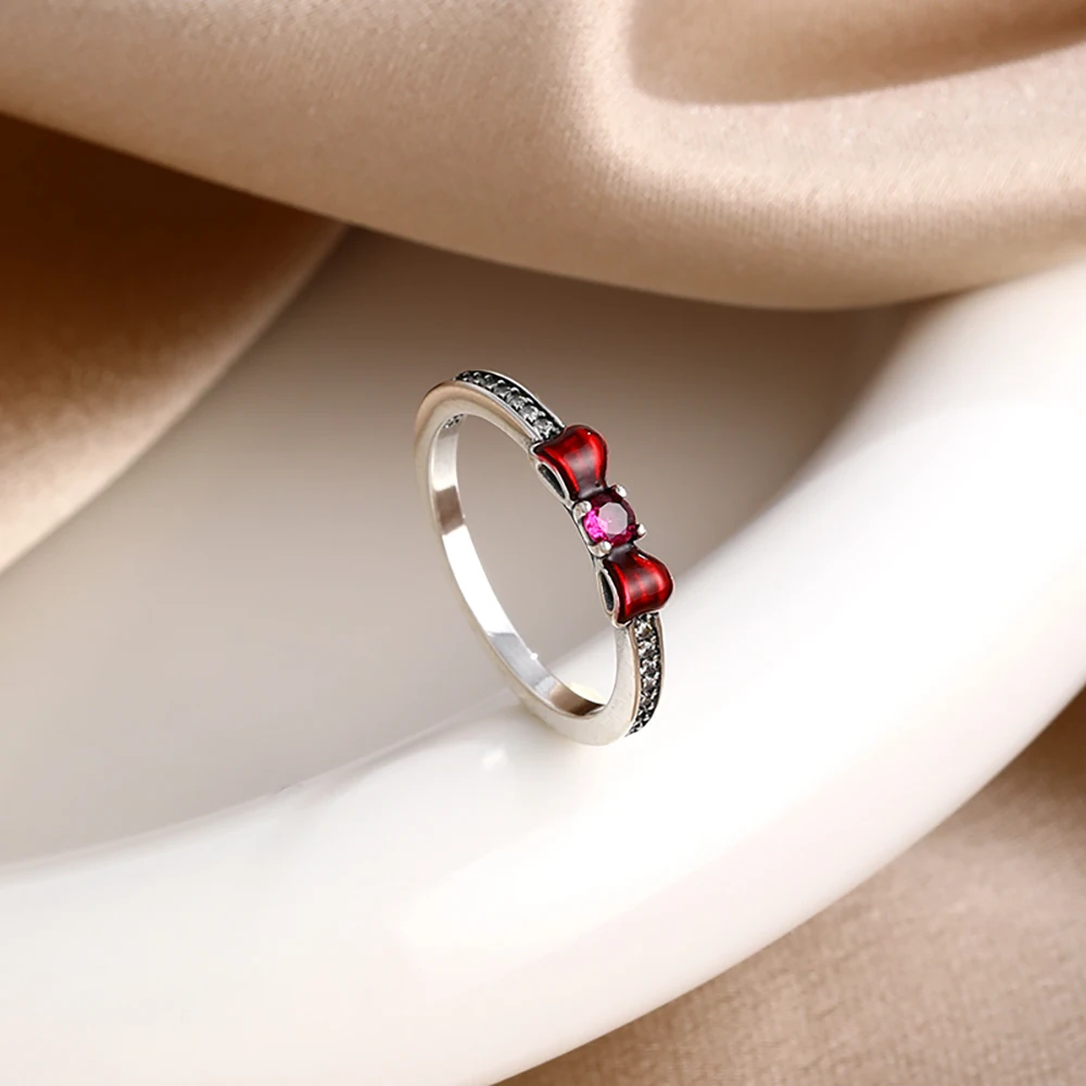 925 Sterling Silver Red Pink White bows Ring For Women Jewelry Open Design Wedding Party Fashion Gift