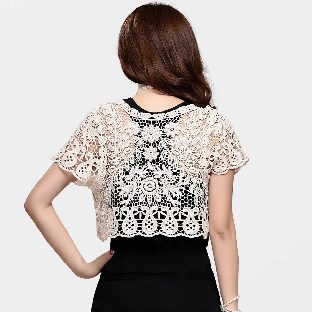 Women Short Sleeve Crochet Shrugs Hollow Out Flower Lace Open Front Cropped Cardigan Sunscreen Jacket Sport Running Vest