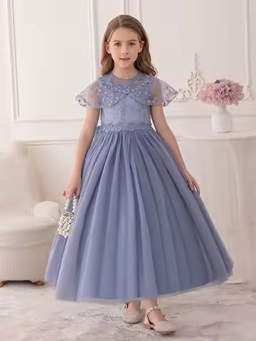 Girls'Formal Dress Long Skirt Big Bow Fluffy Veil Dress Birthday Party Flower Girl Bridesmaid Dress Performance Evening Dress