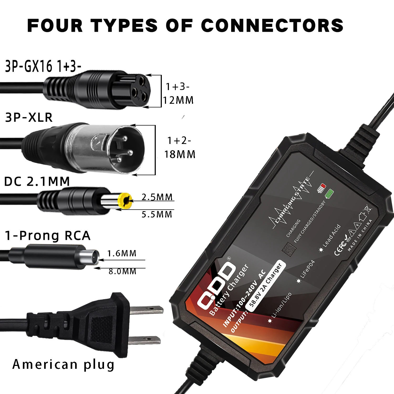 58.8V 2A Lithium Battery Charger for 51.8V 14S Li-ion Battery Pack with multi-connected conversion line charging port