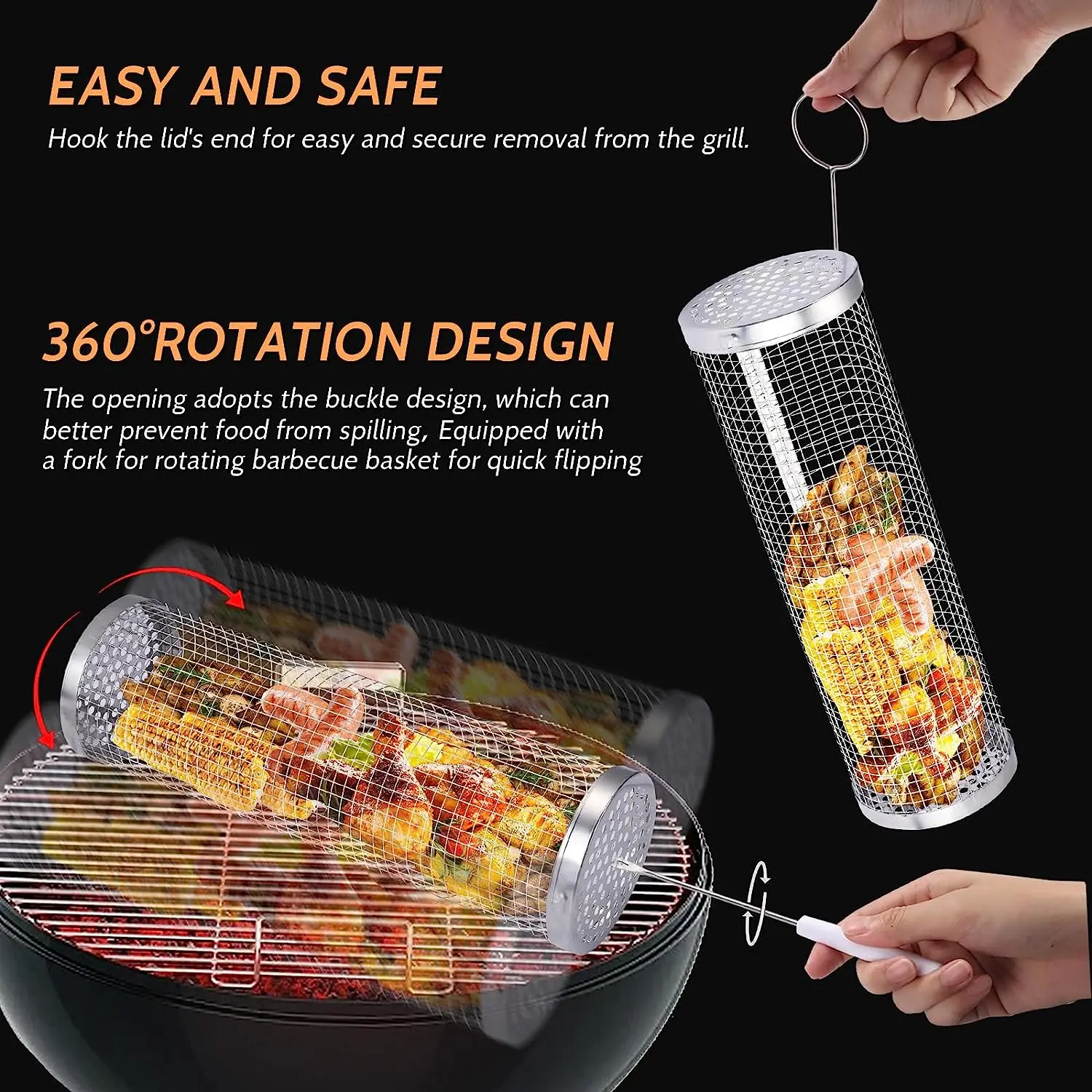 Grill Basket Rolling Grilling Basket Camping Barbecue Rack Stainless Steel Round Grill Mesh Picnic Camping BBQ Tools