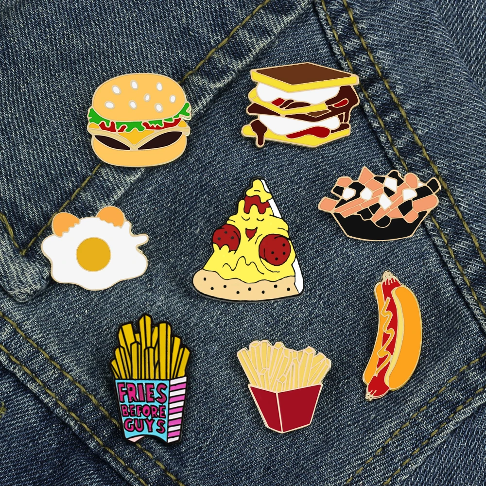 Fashion Fast Foods Enamel Pins Custom Cute French fries Pizza Hamburg Egg Brooches Lapel Badge Bag Cartoon Jewelry Gift for Kids
