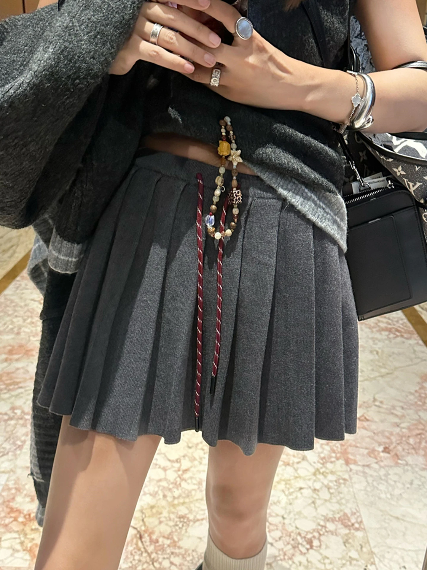 

Emily Clud High Waist A-Line Knitted Pleated Skirt Women's Autumn Winter Dstring Belted Casual Color Skirt