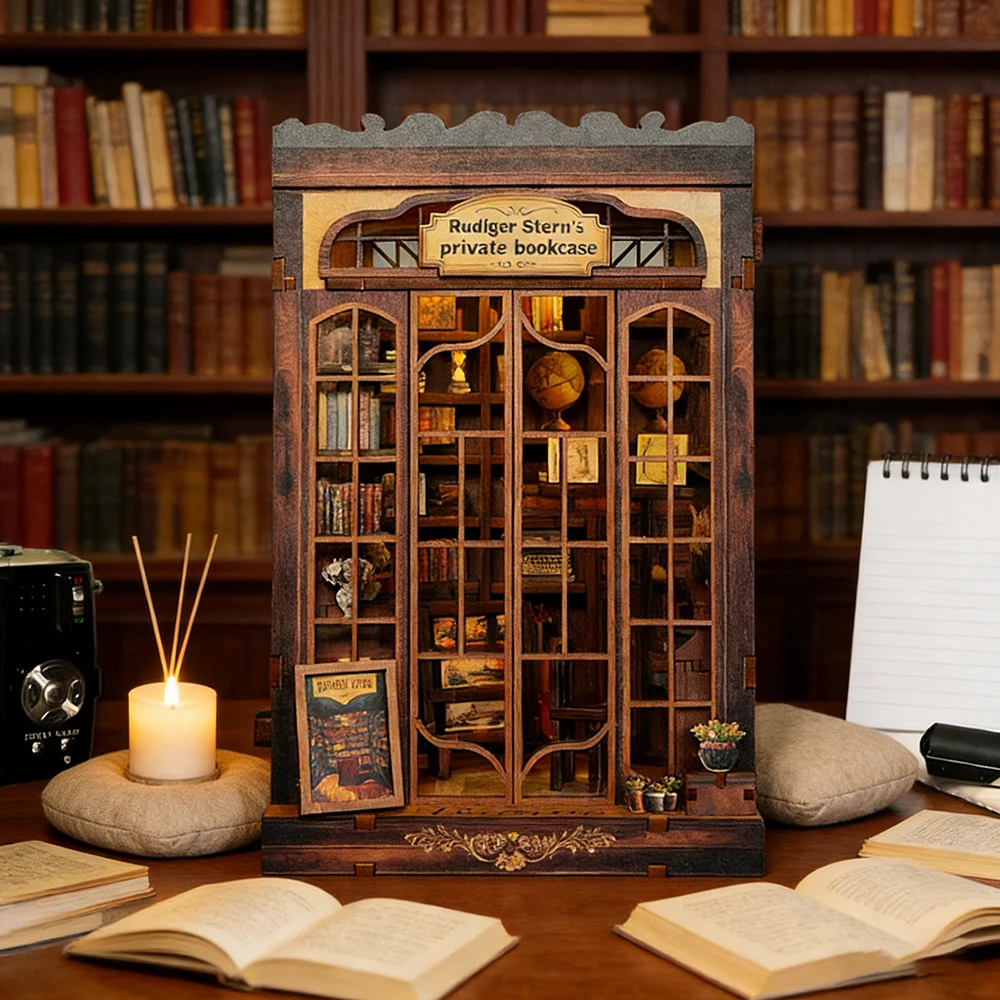 Kit de montage de modèle DIY, Mini bibliothèque Book Nook 11,5x10x17cm, Kit de modèle en bois 3D, Modèle de décoration architecturale 3D pour salon, bureau, présentoir de bibliothèque de bureau