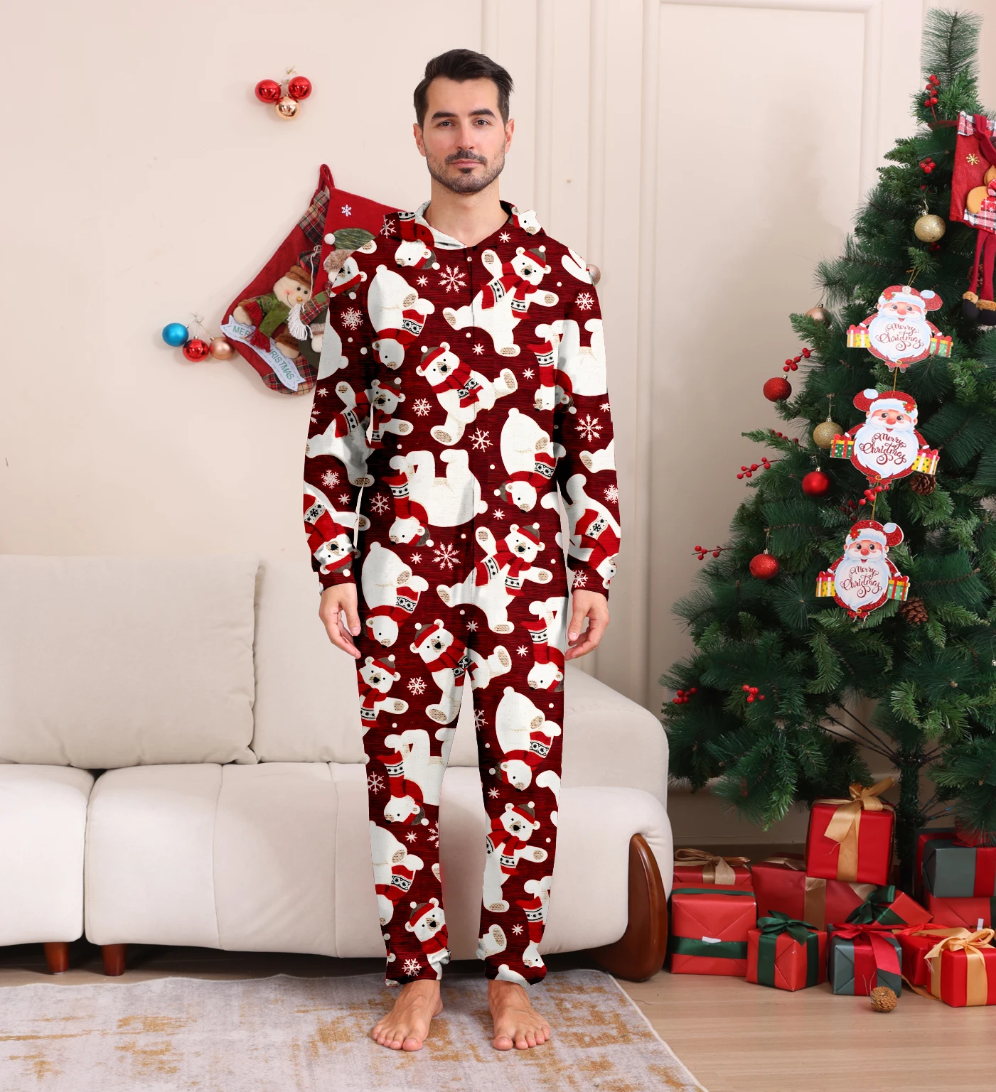 2026 Christmas All-over Bear Print One-piece Suit Adults Kids Matching Outfits Zipper Hooded Cute Romper Pyjamas Xmas Party Wear