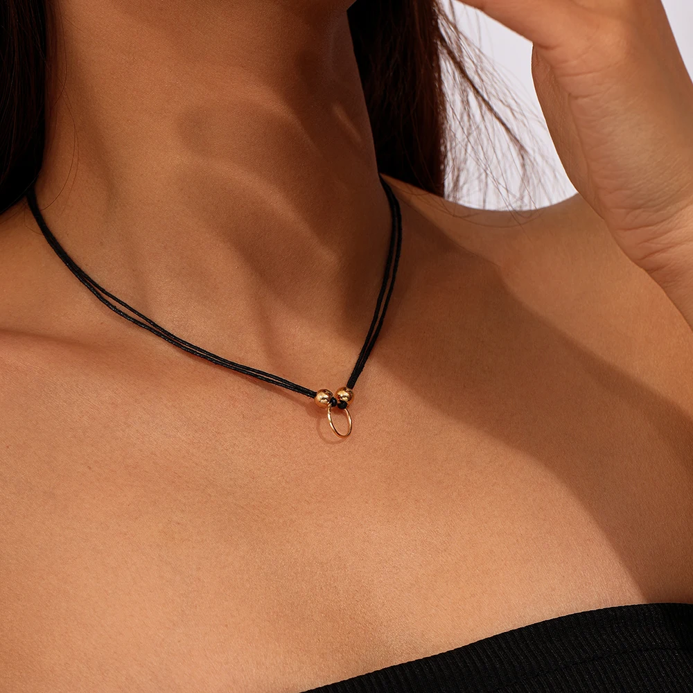 Aihua Schwarz Seil Punk Halsketten für Frauen Kragen Goldene Kreis Schlüsselbein Halsketten Colliers Mode Schmuck Geschenke – Detail 3