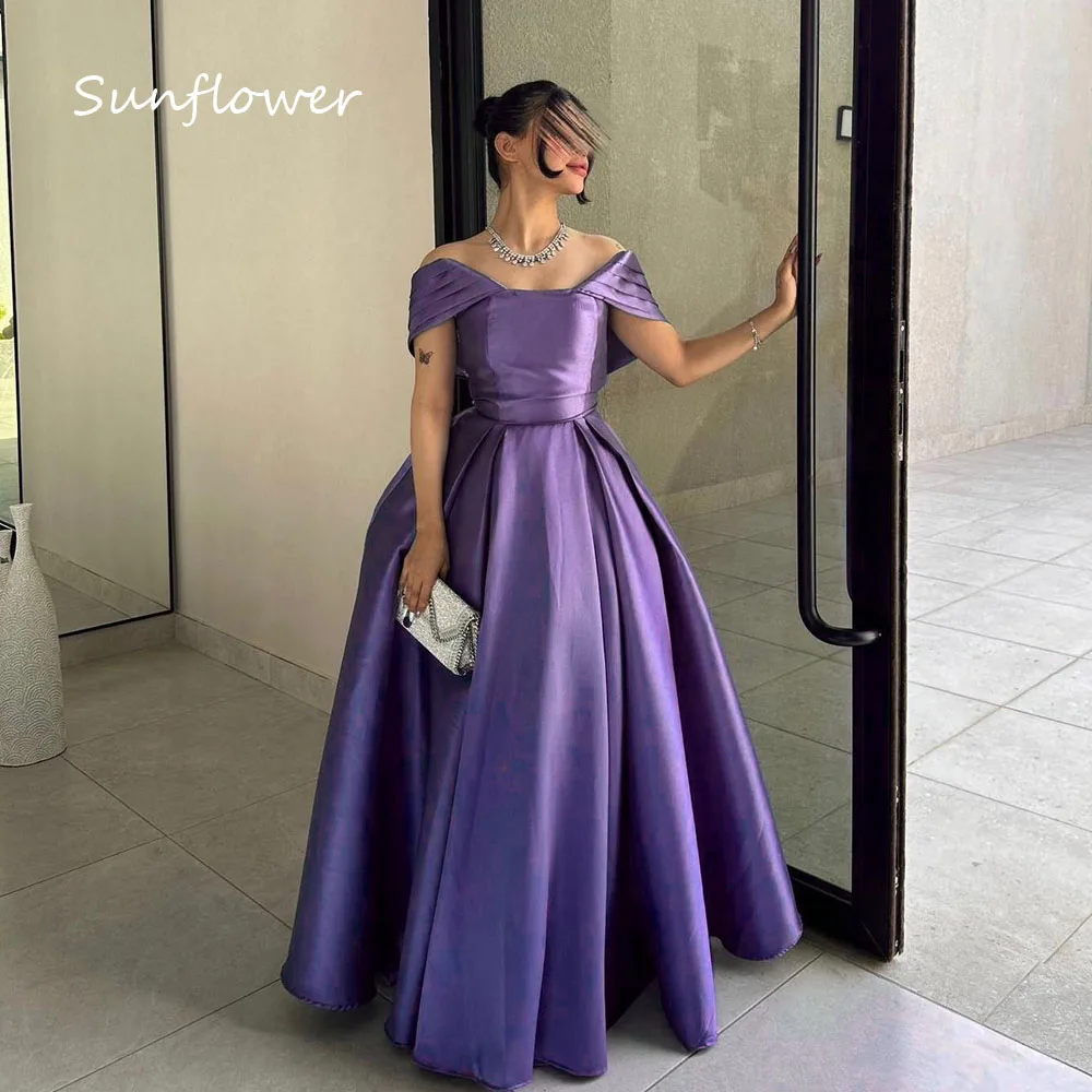 

Sunflower Purple Off The Shoulder Satin A-LINE Prom dress 2024 Slim Backless Beading Floor-Length Formal Evening Dress