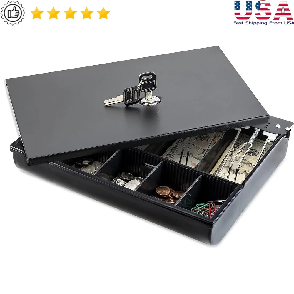 

Cash Drawer Tray Locking Cover Metal Cash Box Money Organizer with Bill Coin Compartments Anti-Theft Secure Storage Shops Home