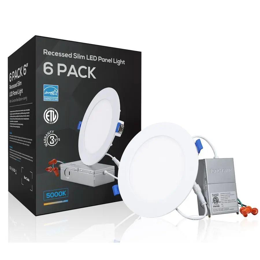 Iluminación empotrable LED delgada de 6 pulgadas con caja de conexiones, luz empotrable ultrafina regulable de aluminio CRI90 de 12 W, luz diurna de 5000 K, 1100 L