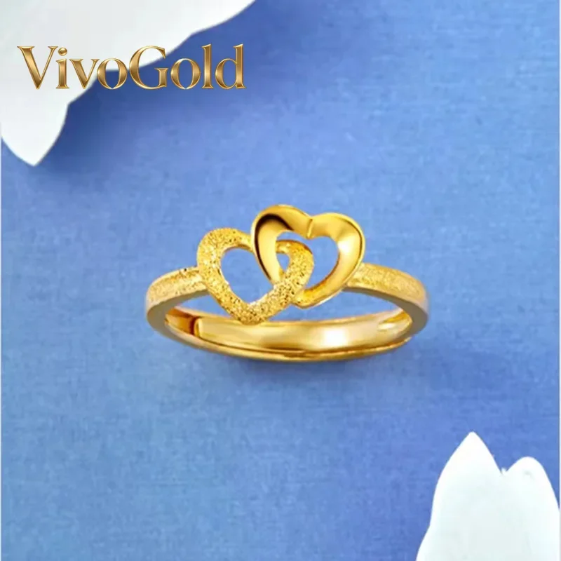 VivoGoldWomen's Jewelry 9999 24K Real Gold Double Heart Opening Ring Opening Adjustable Double Heart Ring