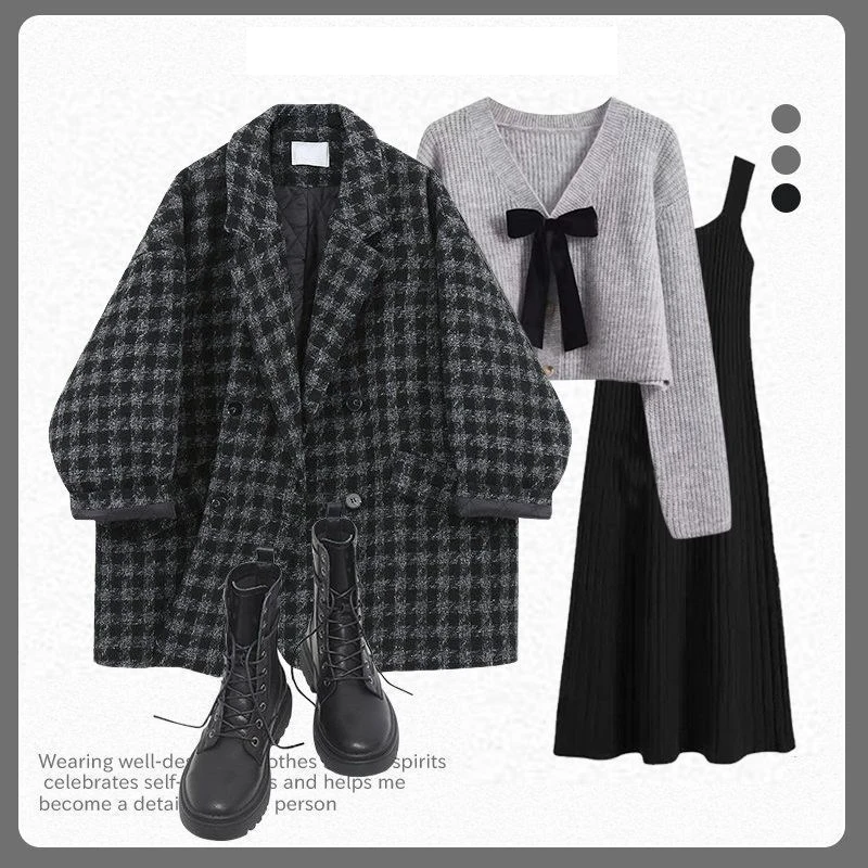 

Модный молодежный вязаный комплект из двух предметов в клетку: пальто и топ, в стиле французского шика, зимняя одежда, прямые брюки, стройнящие фигуру