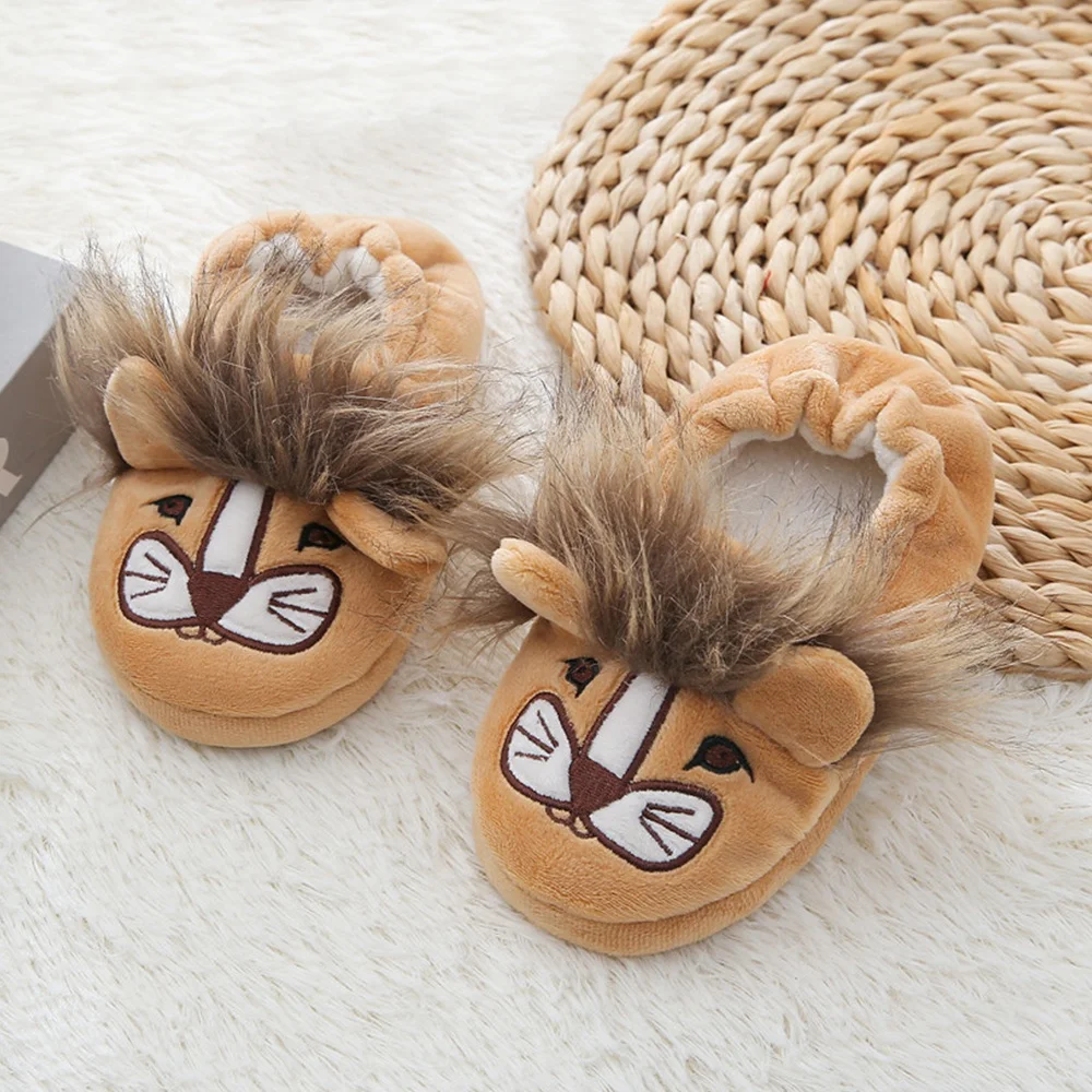 Fashion Toddler Boys Slippers for Winter Baby Loafers Plush Warm Cartoon Lion Rubber Sole Child Home Shoes Kids Indoor Footwear