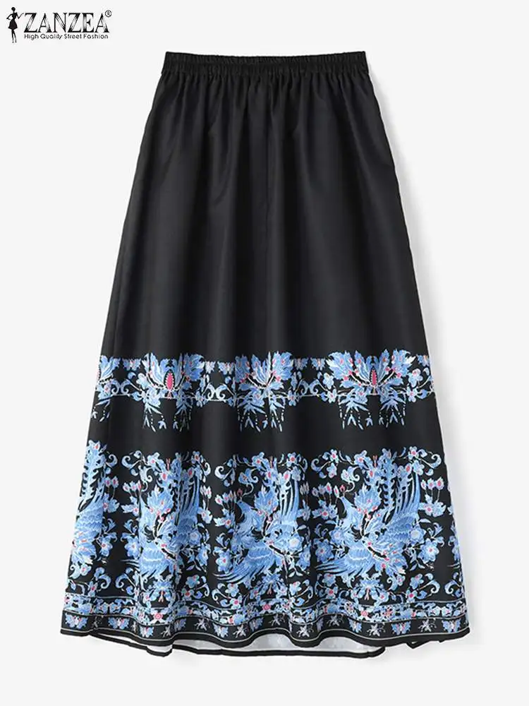 Chinese Style Printed Jupes ZANZEA Women Fashion Horse-face Skirt New 2024 Retro Pleating Bottoms Vintage Loose Maxi Overskirts