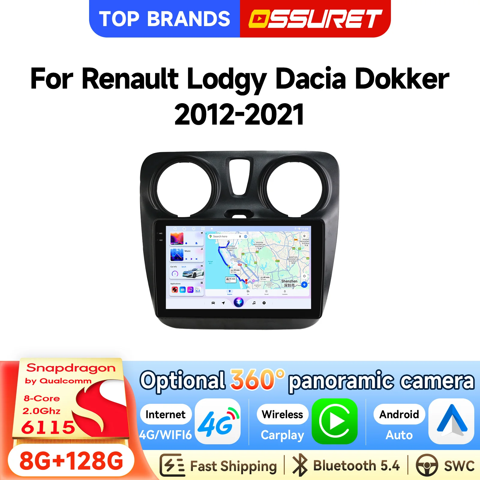 OSSURET Bestseller 9 Zoll 2 Din Android 14 Autoradio für Renault Lodgy Dacia Dokker 2012-2021 mit Qualcomm Snapdragon 6115 Octa Core GPS-Navigation Bluetooth SWC Wireless Carplay Android Auto