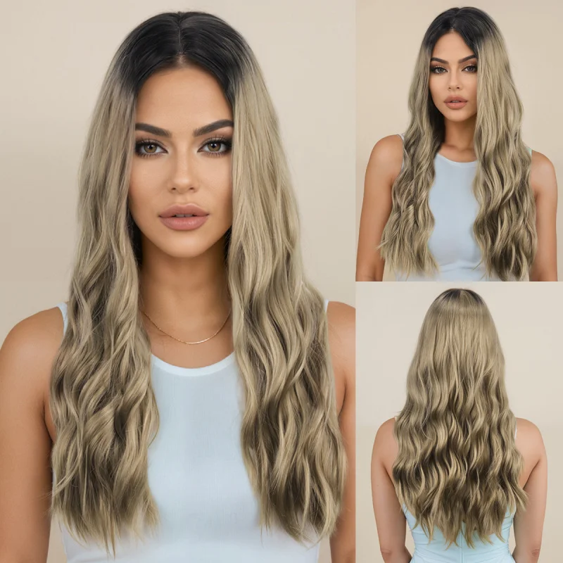 

European and American women's wig, middle-parted, gradient brown, large waves, high-temperature fiber, full head cover, long cur