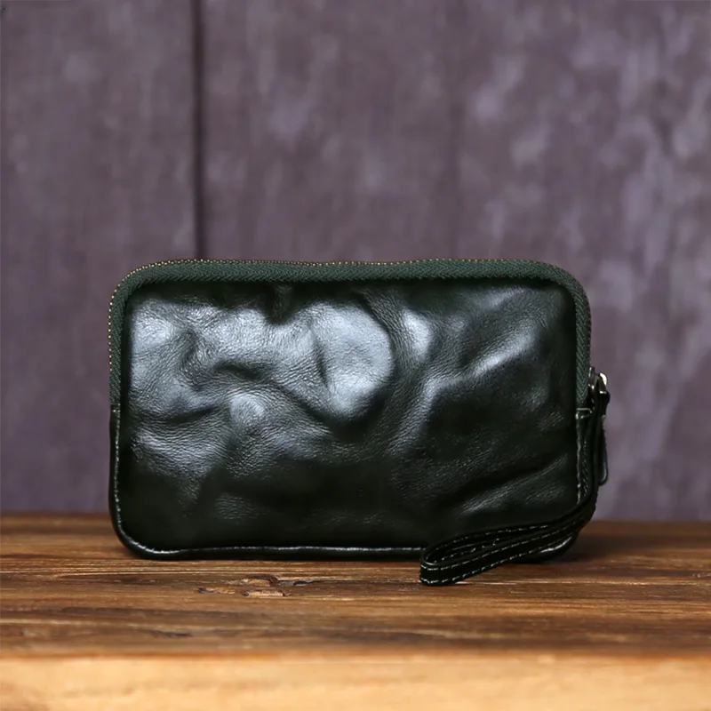 Vintage Vegetable Tanned Top Layer Cowhide Clutch Bag For Unisex Solid Color Genuine Leather Portable Coin Purse Mobile Phone