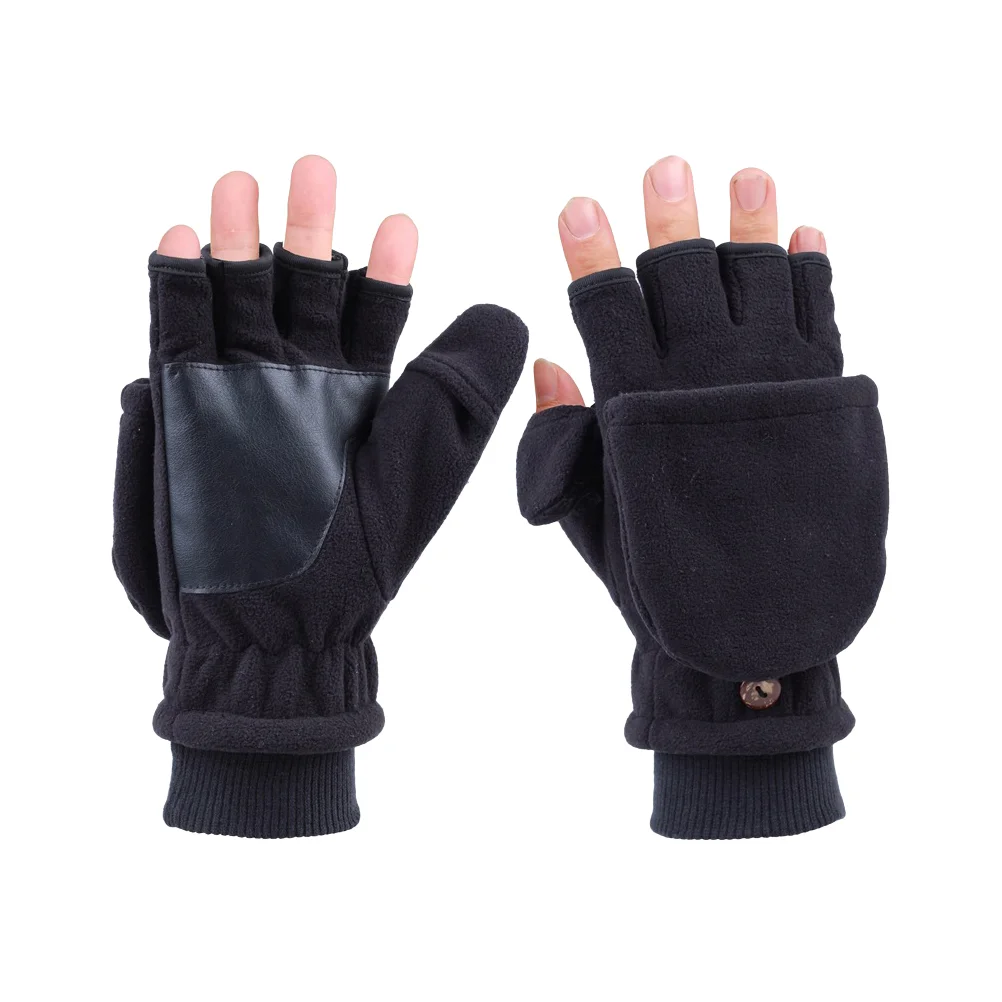 Adult Cover Half-finger Gloves Stick Tape Thicken Warm Gloves Windproof Outdoor Mitt with Button - Men (Black)