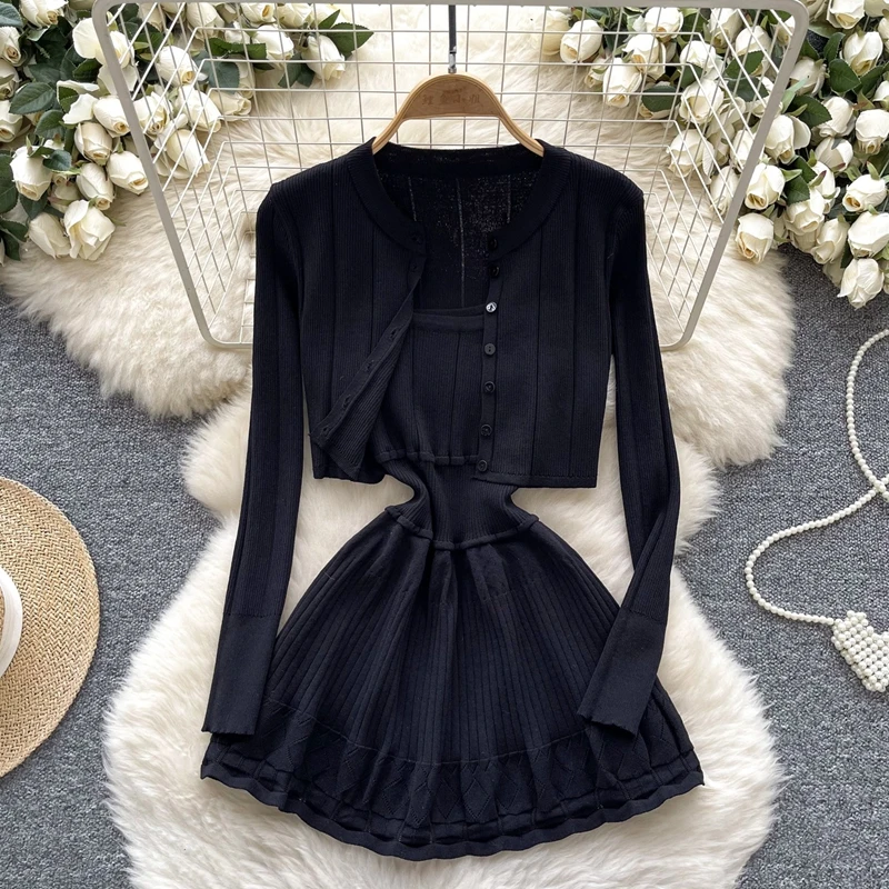 Koreaanse Stijl Vrouwen Korte Witte Gebreide Vest Cinched Taille Jarretel Jurk Pure Desire Stijl Tweedelige Set