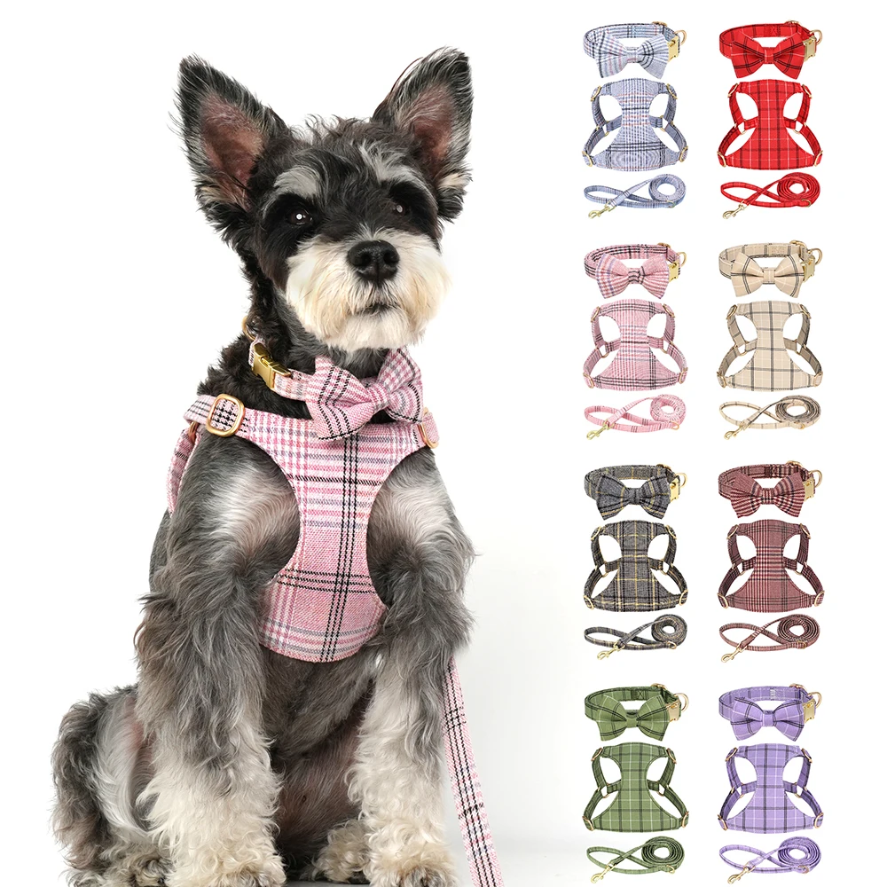 

3pcs/set Pink Plaid Dog Collar Harness With leash Cute Bowtie Dogs Collar Harness Leash Set Halloween Christmas Gift Chihuahua