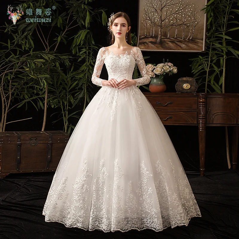 

Autumn New Courtly Style Lace Long Sleeve Wedding Dresses Elegant Luxury Tulle Cathedral Trailing Plus Size Bride Wedding Dress
