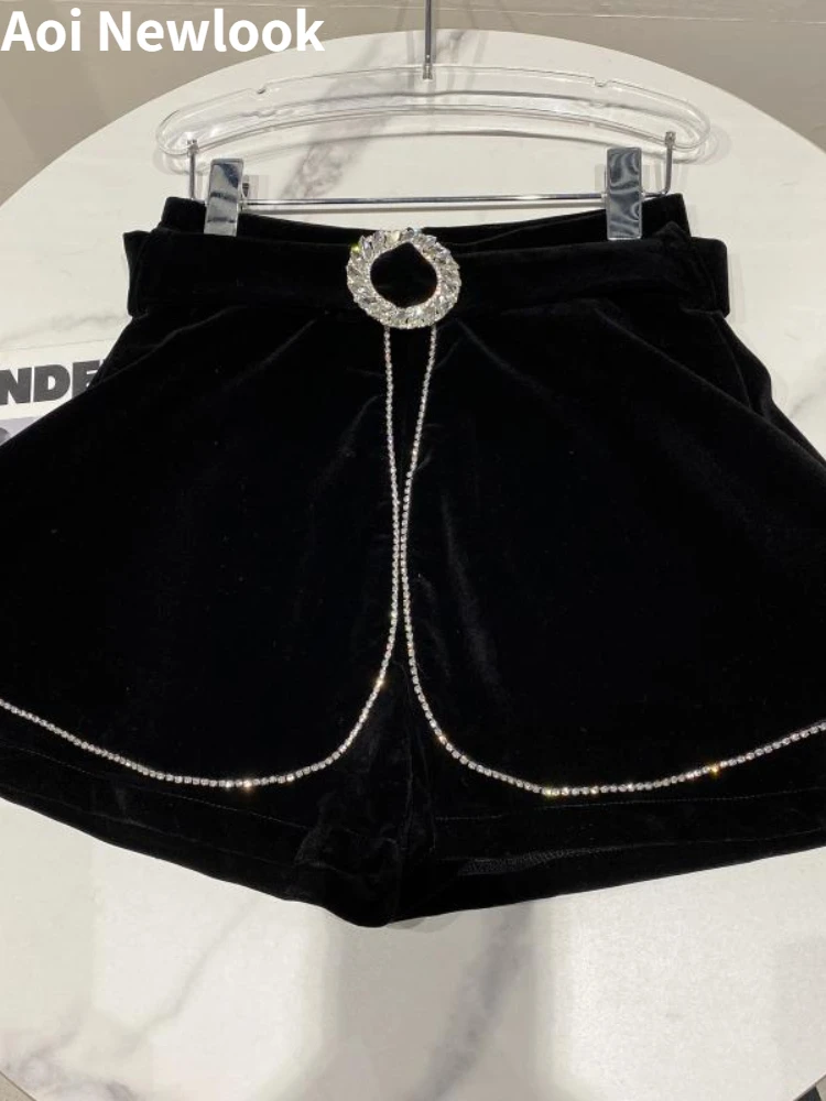 Velvet Fake Two-Piece Shorts Women's 2024 Spring New High Quality Rhinestone Belt Double Layer Vintage Fashion Skirt