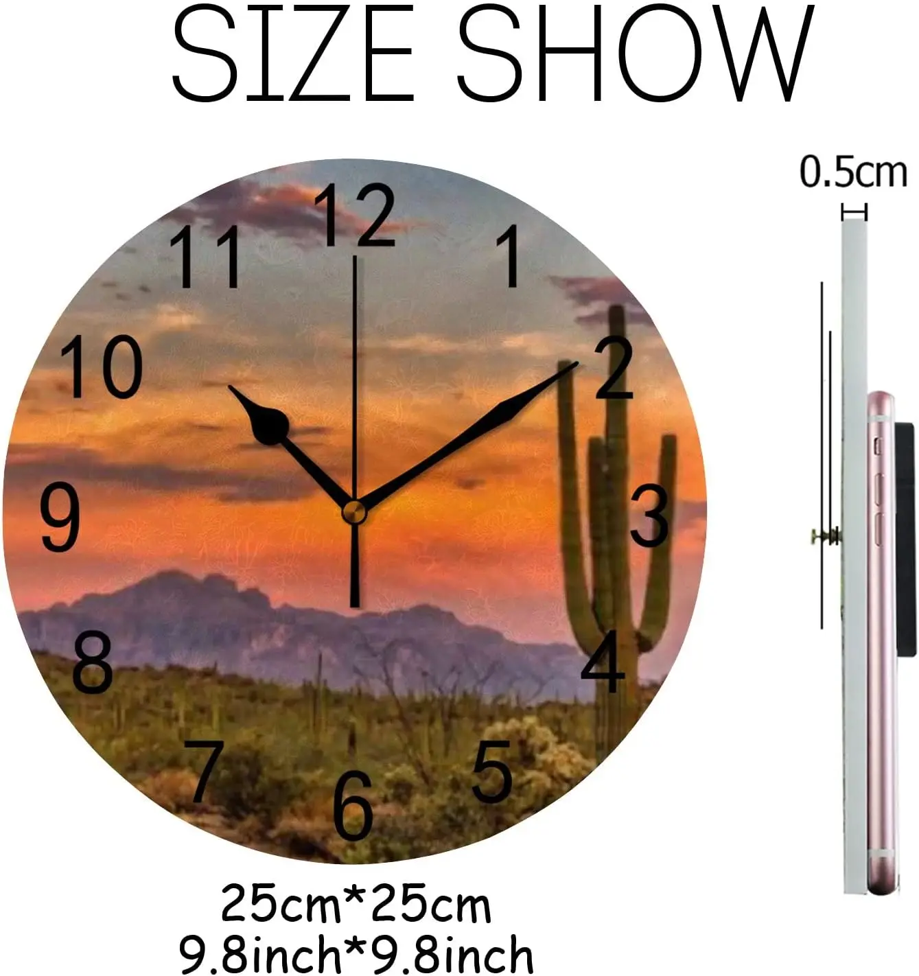 Sunset in The Sonoran Desert 10 Inch Round Wall Clock Battery Operated Silent Non Ticking Easy to Read Wall Decor for Liv