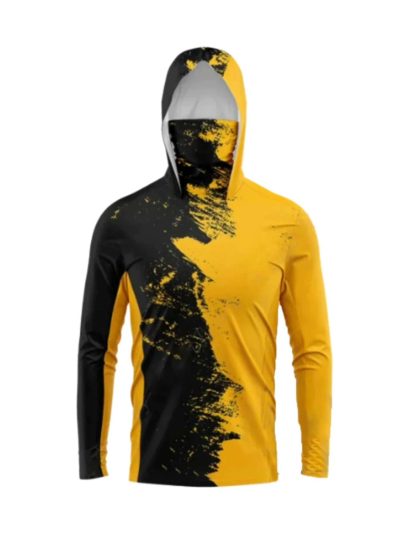 Sudadera con capucha para hombre con protección solar UPF50+, diseño de grafiti en negro y amarillo, con protección facial, de secado rápido, manga larga, para pesca
