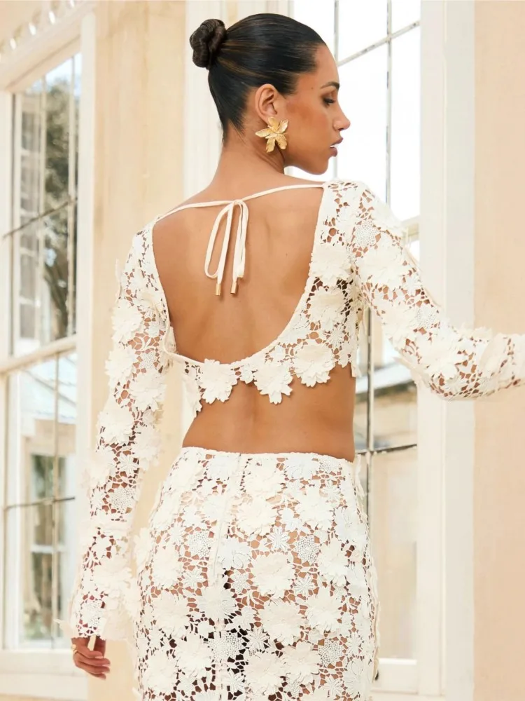 Swimwear Skirt Cover-up 2 Piece Set Women Crop Tops And Maxi Skirt Bathing Suit Fashion Solid Hollow Sexy Beach Cover Up Outfits