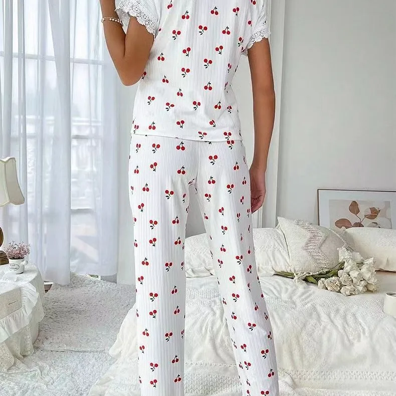 New 2 Piece Set Lace Shirts Short Sleeve V-Neck Top Summer Nightclothes Cherry Print Women Elegant Pajamas Long Pants Sleepwear