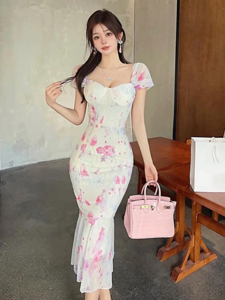 Topanoma Evening Dresses Women Sexy Temperament Floral Print Elegant Square Collar Party Cocktail Mermaid Dress Wedding Banquet